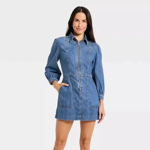 Universal Thead Long Sleeve Zip Front Mini Denim Dress -Womens LARGE - NEW - Picture 1 of 6